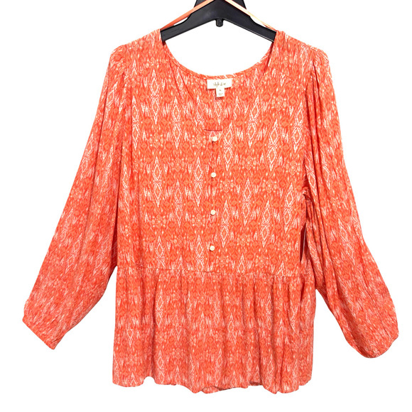 NWT Style & Co Sz XL Tiered Peasant Top Boho Bahama Coral Tunic Blouse - Picture 1 of 10